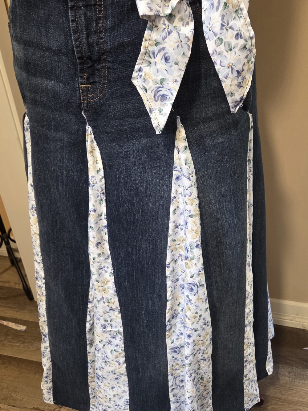 Original Twisted Sisters Stitches Denim Maxi Skirt with Blue Floral Inserts